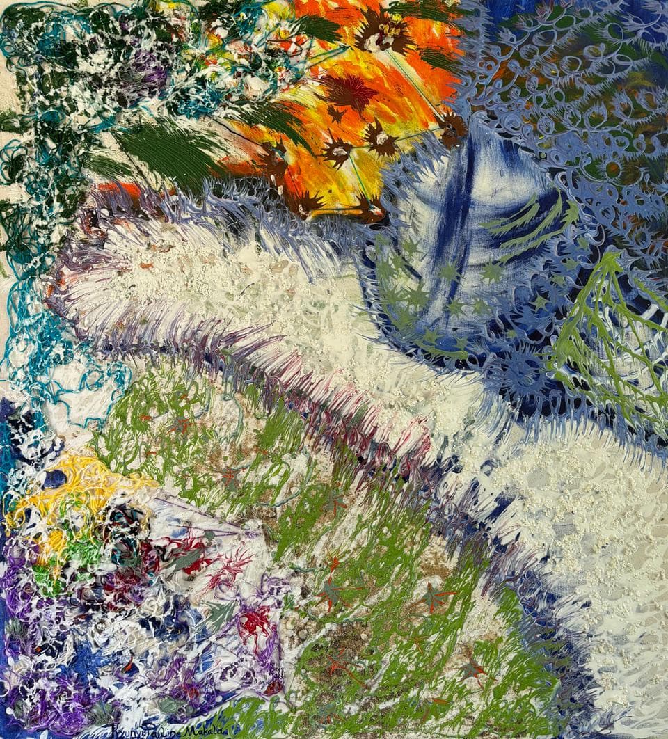 Layered abstract painting in blue, green, orange, and white
