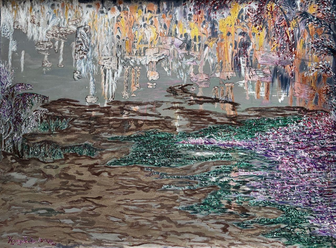 Expressive city-like landscape reflected across dark water