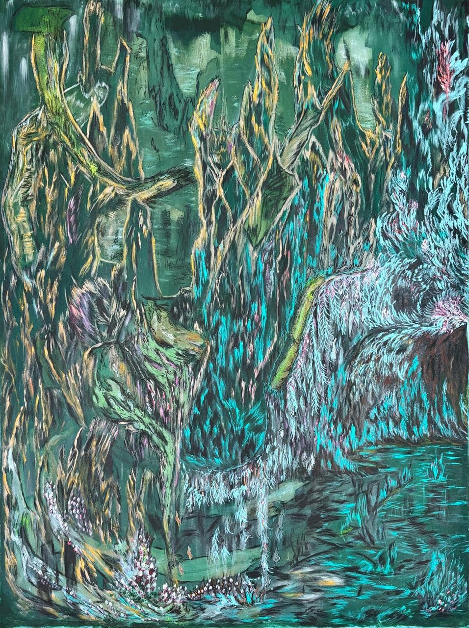 Deep green and turquoise imagined forest landscape
