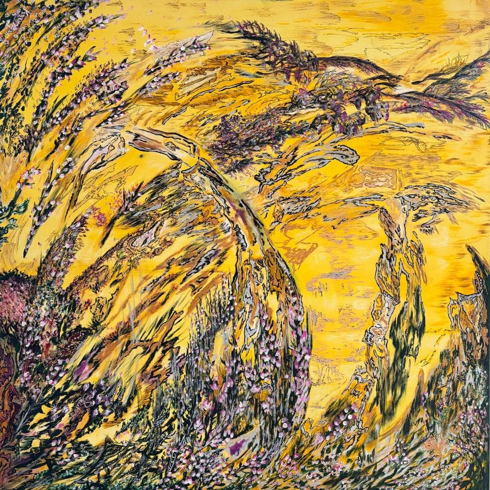 Golden abstract landscape with wing-like organic forms