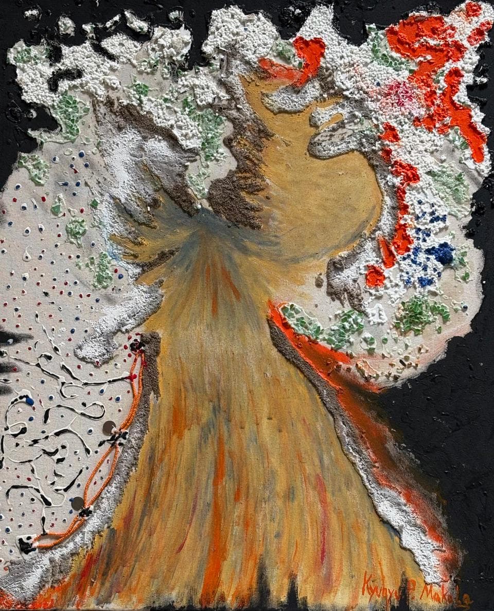Textured golden figure surrounded by white, black, and orange forms