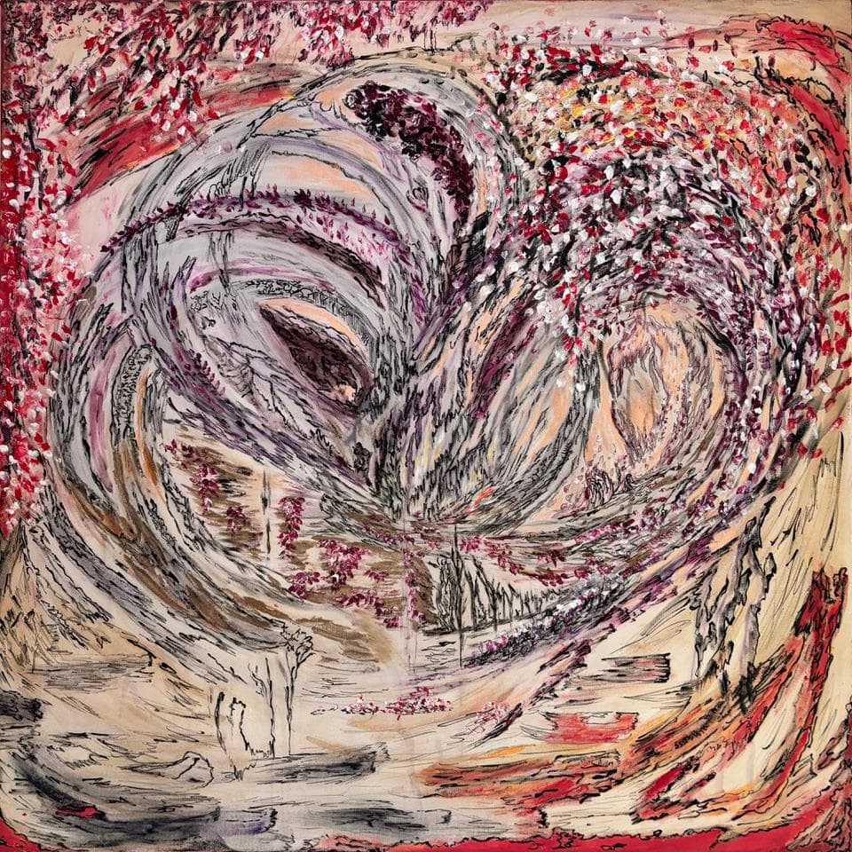 Soft abstract vortex in cream, charcoal, peach, and crimson