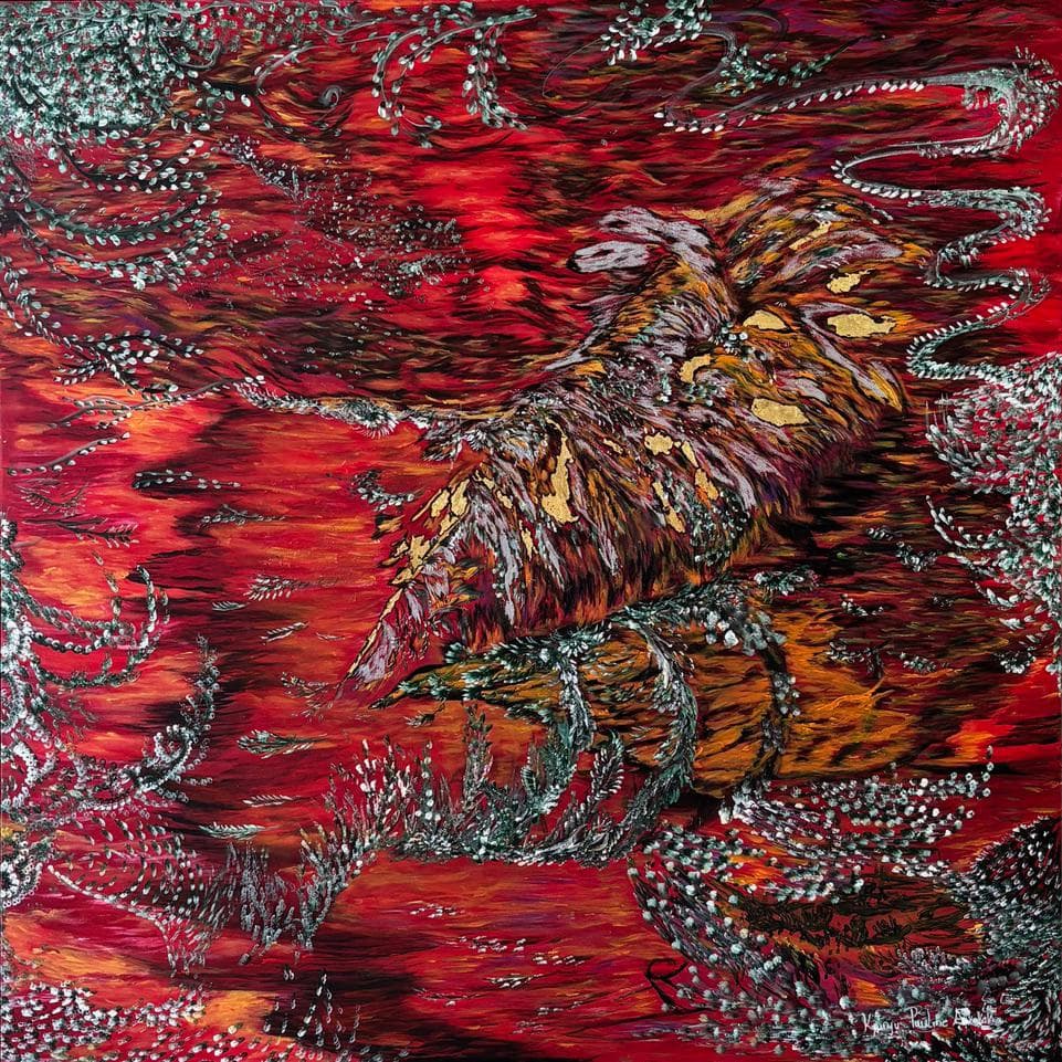 Owl emerging from a richly textured red field